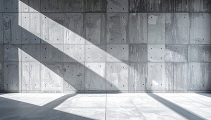 A stark concrete wall and floor illuminated by sharp diagonal streaks of sunlight.