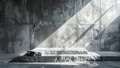 A striking minimalist display platform made of rough concrete blocks set against an industrial textured wall bathed in dramatic diagonal sunlight.
