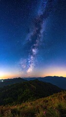 Milky Way galaxy arching over dark, forested mountain ridges at night.