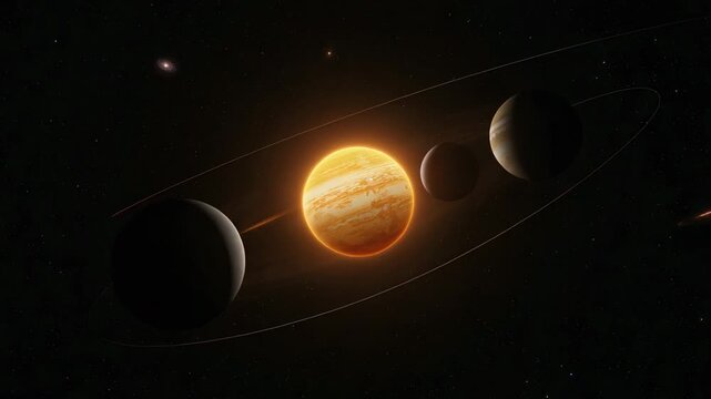 Orbiting three worlds shifting along orbits under star gravity in deep space, with orange star