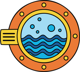 A vibrant cartoon porthole illustration revealing an underwater world with blue waves and floating bubbles