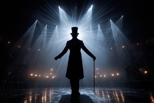 A magician in a top hat and holding a wand stands on a stage, illuminated by a spotlight.