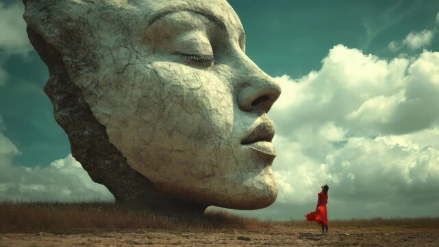 Colossal ancient stone head meditating serenely across a vast, open landscape, guiding a solitary person's deep philosophical reflection on existence and spiritual wisdom.