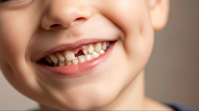 Joyful child's laughter with missing teeth in closeup smile sequence