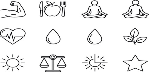 Set of simple black line icons representing wellness and healthy living concepts on a white background