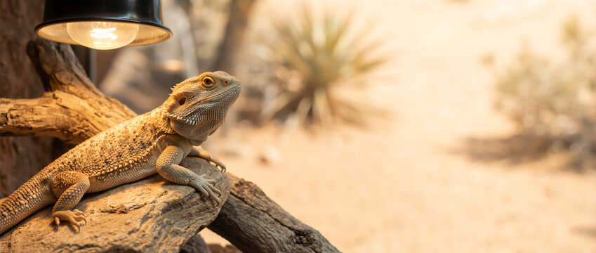 Bearded dragon basking under a heat lamp in a terrarium. Pet lizard resting on a branch in a desert themed enclosure. Exotic reptile care concept. Copy space for text