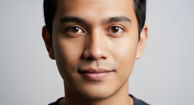Captivating close-up portrait of a thoughtful young Asian man, exuding a calm and confident demeanor with his direct and engaging gaze