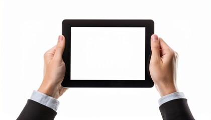 hands holding digital tablet with blank screen n isolated on white