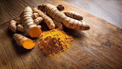 turmeric powder and root on wooden cutting board