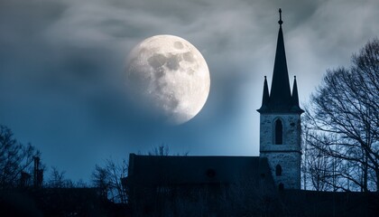 moonlit church tower silhouette
