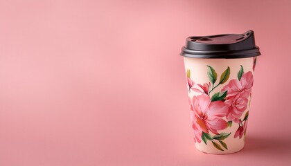 floral reusable coffee cup with black coffee on pink background n eco friendly lifestyle influencer marketing concept with copy space