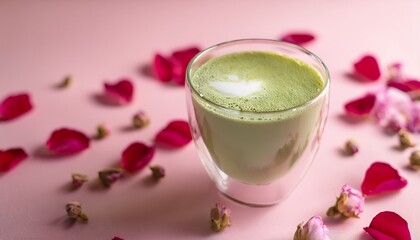 matcha latte in a glass soft natural light minimal japanese green tea ceremony scattered rose petals around pink scandi background calming drink