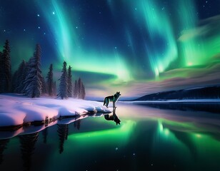a solitary wolf stands on a snow covered shore with vibrant northern lights reflecting in a calm water body