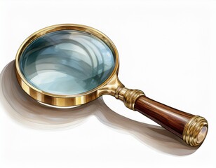 magnifying glass with gold rim and wooden handle n isolated on white
