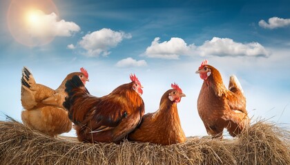 chickens resting peacefully in a cozy cage under a clear sky