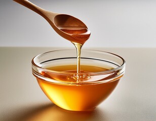golden raw honey dripping from spoon into glass bowl n minimalist cosmetic and culinary ingredient concept