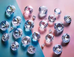 close up of transparent diamonds on pastel pink and blue background n luxury jewellery high quality cut precious stones concept