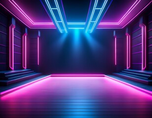 neon dark stage shows empty room neon light spotlights dark blue purple pink background dance floor for product display in studio backdrop for photo shooting generative ai