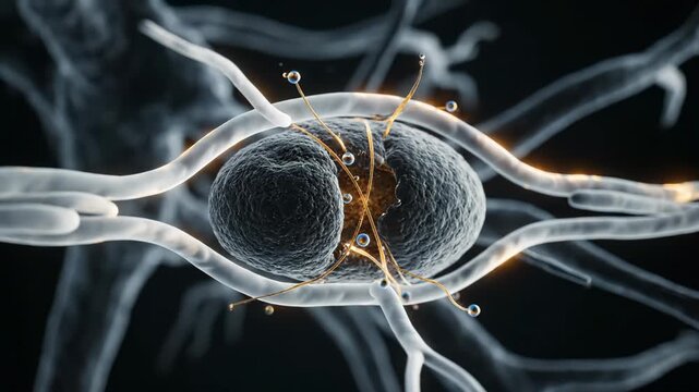 Neuron synapse transmits signals between nerve cells with electrical impulses. Brain cell shows neural connection activity. Synapse fires between neuron cells. Neural network communicates signals.