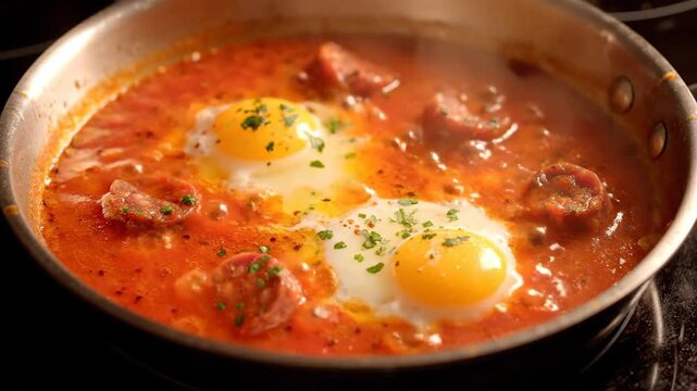 Rustic Shakshuka With Poached Eggs in Pan.