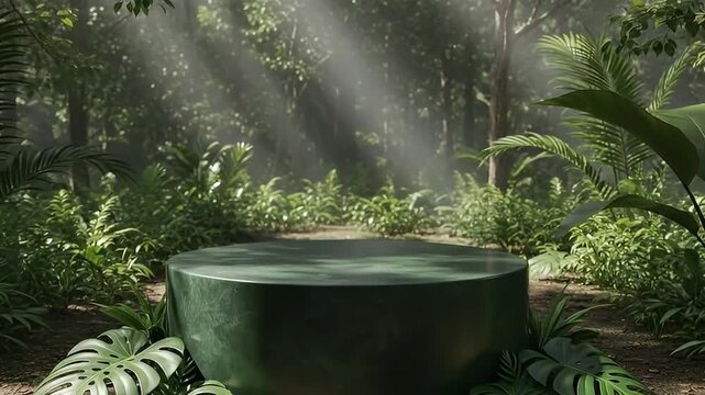 Immerse yourself in a serene jungle oasis where dappled sunlight filters through a vibrant canopy, illuminating a striking dark green cylindrical pedestal. This enchanting natural setting features lus