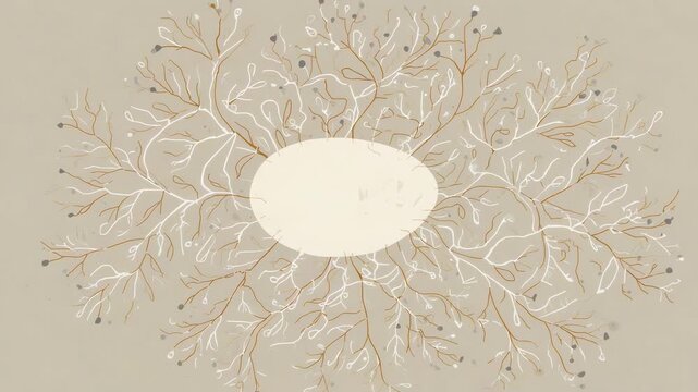 Growing across frames branch art fanning veins and buds around pale oval on canvas showing growth