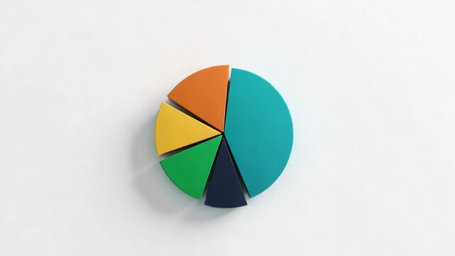 Rotating single 3D pie chart on playback, separating wedges on white backdrop, soft shadows