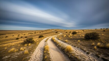 Winding Dirt Road Through Arid Landscape Under Cloudy Sky