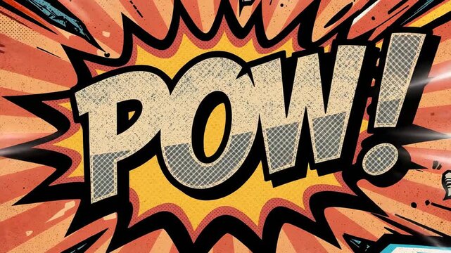 Animating bold POW! graphic pulsing in pop-art panel, camera push and light sweep amplifying impact