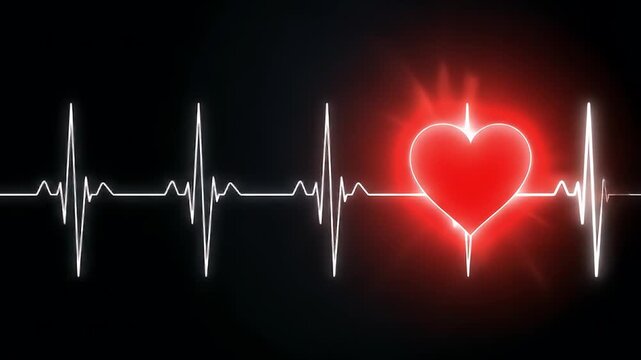 This abstract digital visualization showcases a vibrant red heart symbol, intensely pulsating and glowing in perfect synchronization with a dynamic, white electrocardiogram (ECG) waveform, all set aga