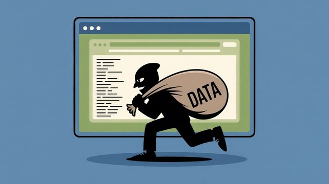 Anonymous hacker steals data from computer screen illustration