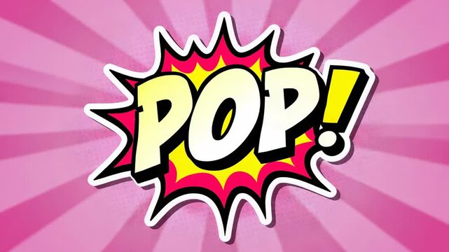 Starting animation revealing comic-style wordmark 'POP!' popping to center with burst and pink rays