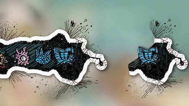 Starting playback, torn five-emblem sticker moving right growing splitting piece by cube on pastel