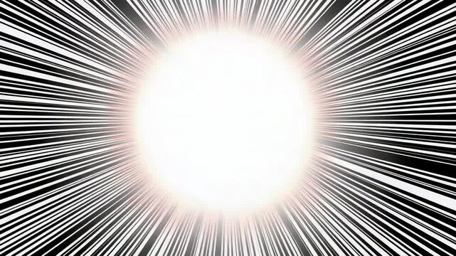 Brightening yellow core expanding white hotspot on white field, with orange halo, black speed lines