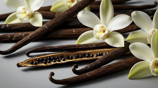 This elegant close-up features premium vanilla beans artfully arranged alongside delicate white vanilla orchid flowers on a subtle grey background. One bean is split lengthwise, revealing a rich abund