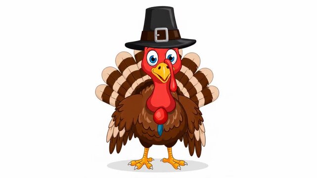 Animated Thanksgiving turkey wearing a pilgrim hat in various poses and expressions creating a fun