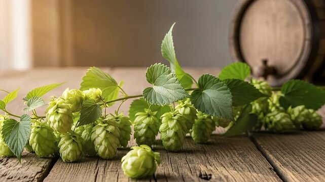 This inviting still life video captures fresh, vibrant green hop cones and leaves resting on a rustic, weathered wooden surface, with a traditional wooden barrel softly blurred in the background. The 