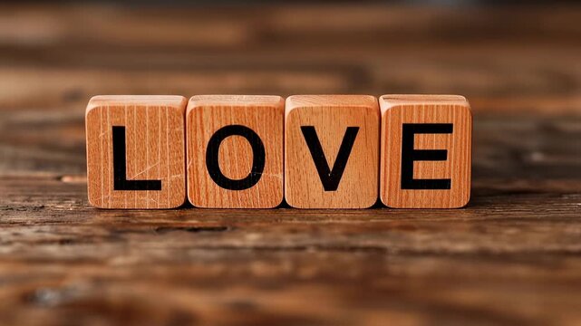 Placing right hand entering upper-right arranging wooden blocks on tabletop, spelling LOVE