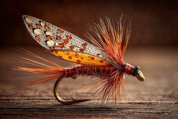 Photograph of a fly fishing lure on a wooden background.