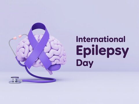 International epilepsy day awareness concept with purple ribbon and brain