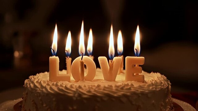 Trembling letter candles on frosted cake reacting to brief gust in dim room, with wax drips