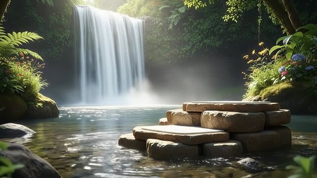 This tranquil video showcases a pristine natural environment, featuring a magnificent cascading waterfall enveloped by lush, vibrant tropical foliage. Crystal-clear water flows gently over smooth rive