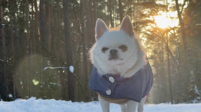 Piesek chihuahua ubrany w kurtkę podczas zimowego spaceru