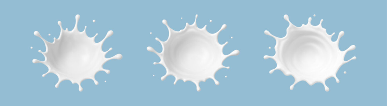 Milk splashes set isolated on blue background. Natural dairy product with flying drops. Realistic Vector illustration