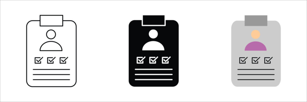 Modern ID card and user profile icons presented in outline, solid, and colored variations for diverse digital design needs in business and personal applications