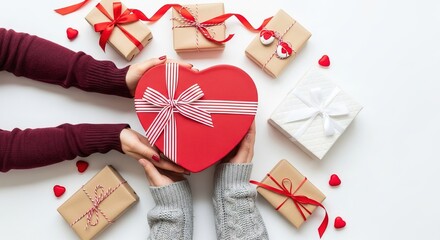 Couple exchanging heart-shaped gift surrounded by wrapped presents and hearts on a white surface from a top view
