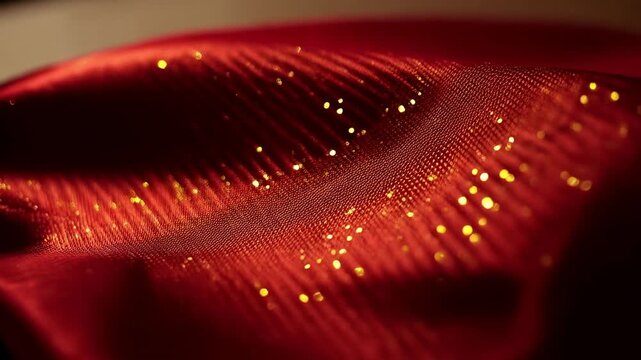 Rippling red ribbed fabric starting crest, revealing gold glitter under warm light, pale blur