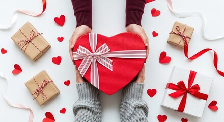 Person holding a red heart-shaped gift box surrounded by gift boxes and hearts on a white surface viewed from above
