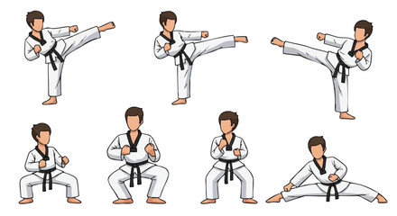 Cartoon illustration of a taekwondo boy performing various martial arts poses and movements in different stances on a white background.