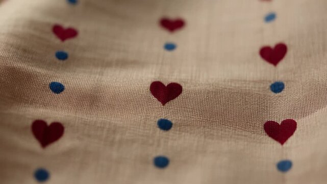 Moving camera toward fabric on table, pulling focus, revealing weave at red heart and blue dot
